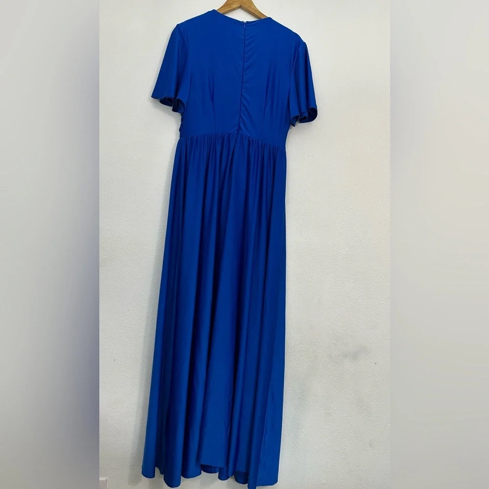Royal Blue Satin Maxi Gown with Plunge Neckline and Dolman Sleeves - Picture 9 of 16